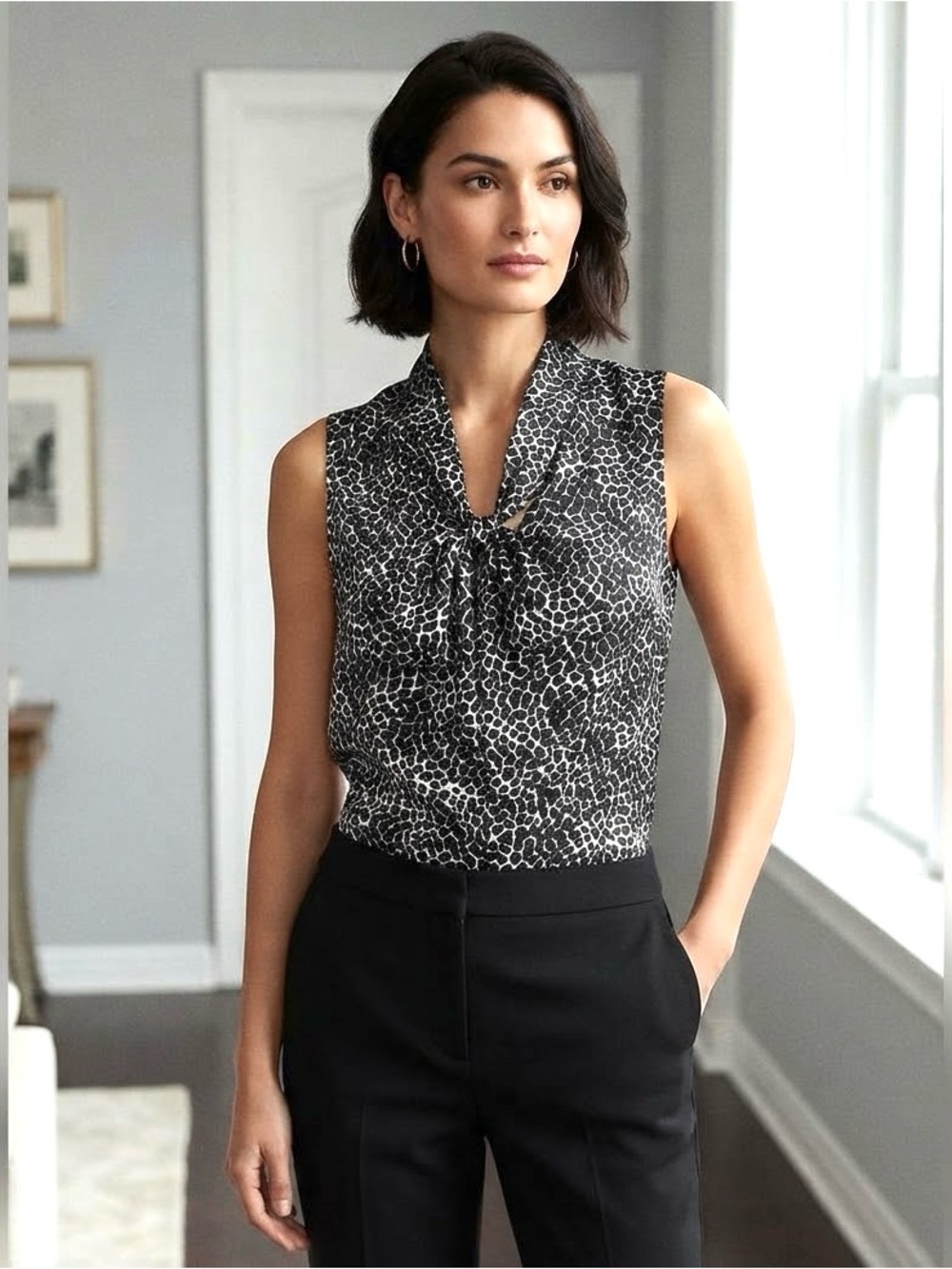 Jacob sleeveless halter blouse in black and white geometric print